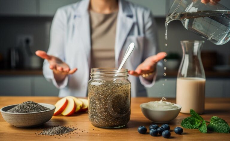 Illustration von einem Ernährungsberater, der zeigt, wie Chiasamen die Verdauung nachhaltig fördern