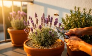 Illustration von einem Gärtner, der Lavendel im Topf pflegt, damit er das ganze Jahr über blüht und duftet