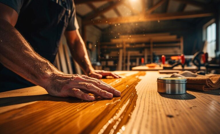 Illustration von einem Schreiner, der Holzöl statt Wachs auf eine Tischplatte aufträgt