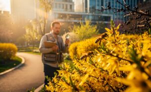 Illustration von blühenden Forsythien in einer Stadtlandschaft, während ein Umweltforscher wegen des fehlenden Nektar- und Pollenangebots vor massiven Schäden für Insekten warnt