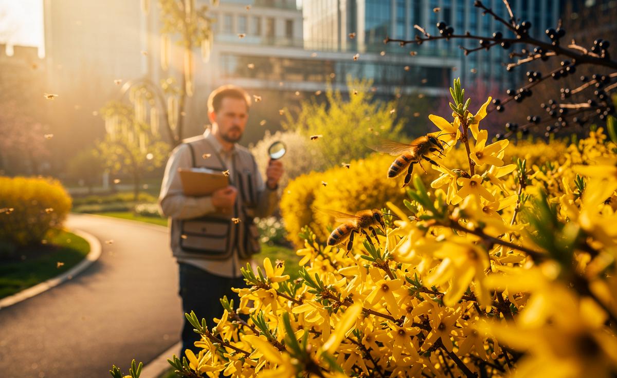 Illustration von blühenden Forsythien in einer Stadtlandschaft, während ein Umweltforscher wegen des fehlenden Nektar- und Pollenangebots vor massiven Schäden für Insekten warnt