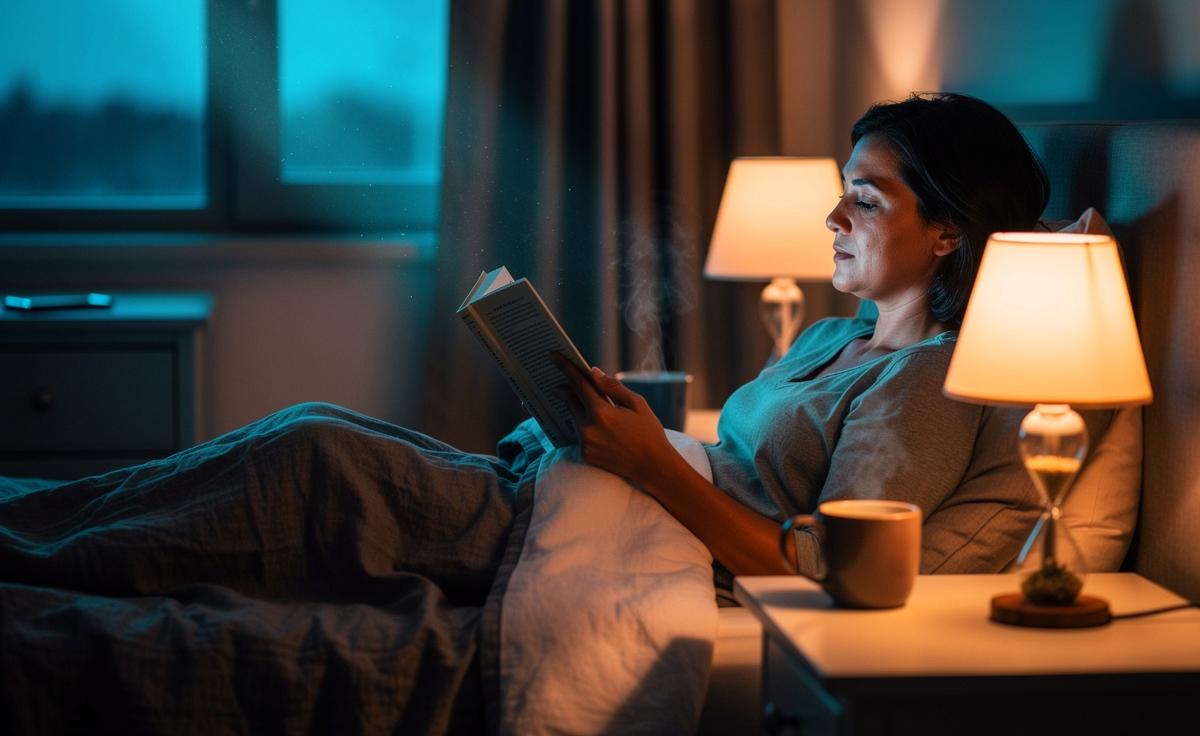 Illustration von einer abendlichen 15-Minuten-Lesepause bei warmem Licht für besseren Schlaf