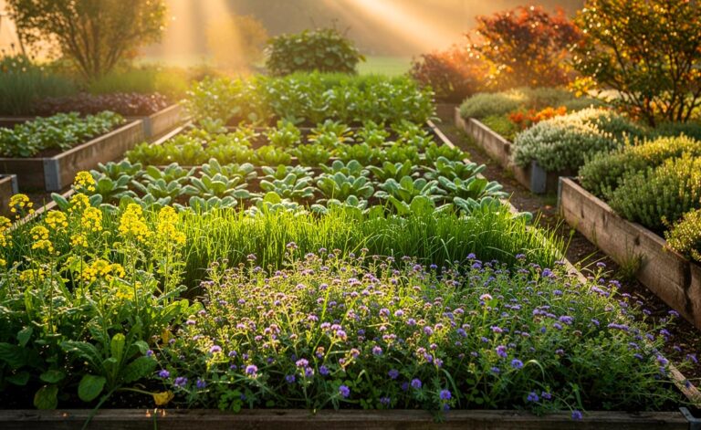 Illustration von September-Beeten mit Gründüngung (Phacelia, Gelbsenf, Winterroggen) und dicht gesätem Herbstgemüse zur Vorbeugung von Unkrautbefall